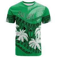 Personalised Fiji Day T-shirt, green front with 'FIJI DAY' leaf print