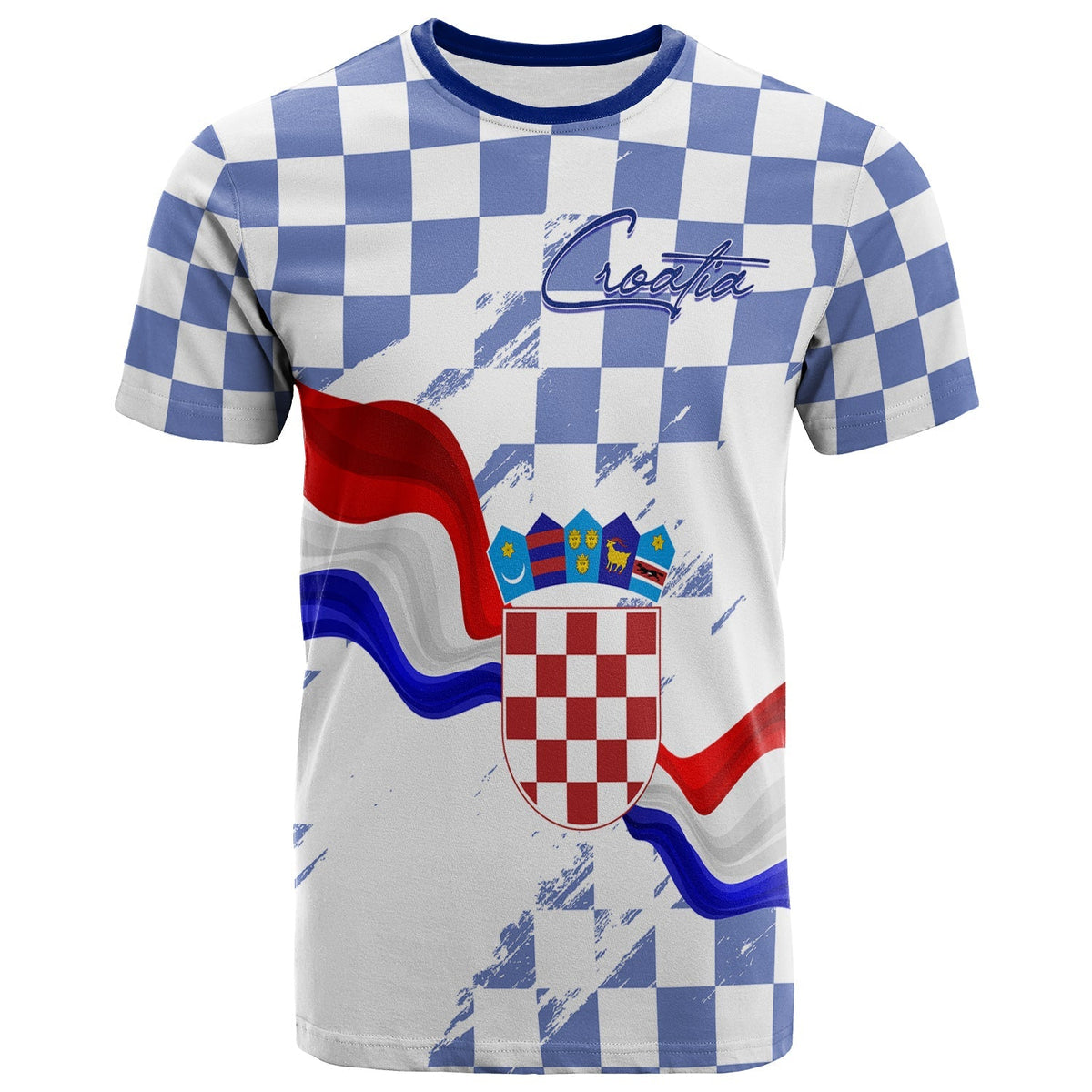 Croatia T Shirt Checkerboard Grunge Style Blue Color - Wonder Print Shop