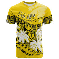 Gold Fiji Day T-shirt with palm and tribal graphic, black and white accents