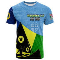 Multicolor Malampa Fiji Day T-shirt with blue base and geometric triangle front graphic