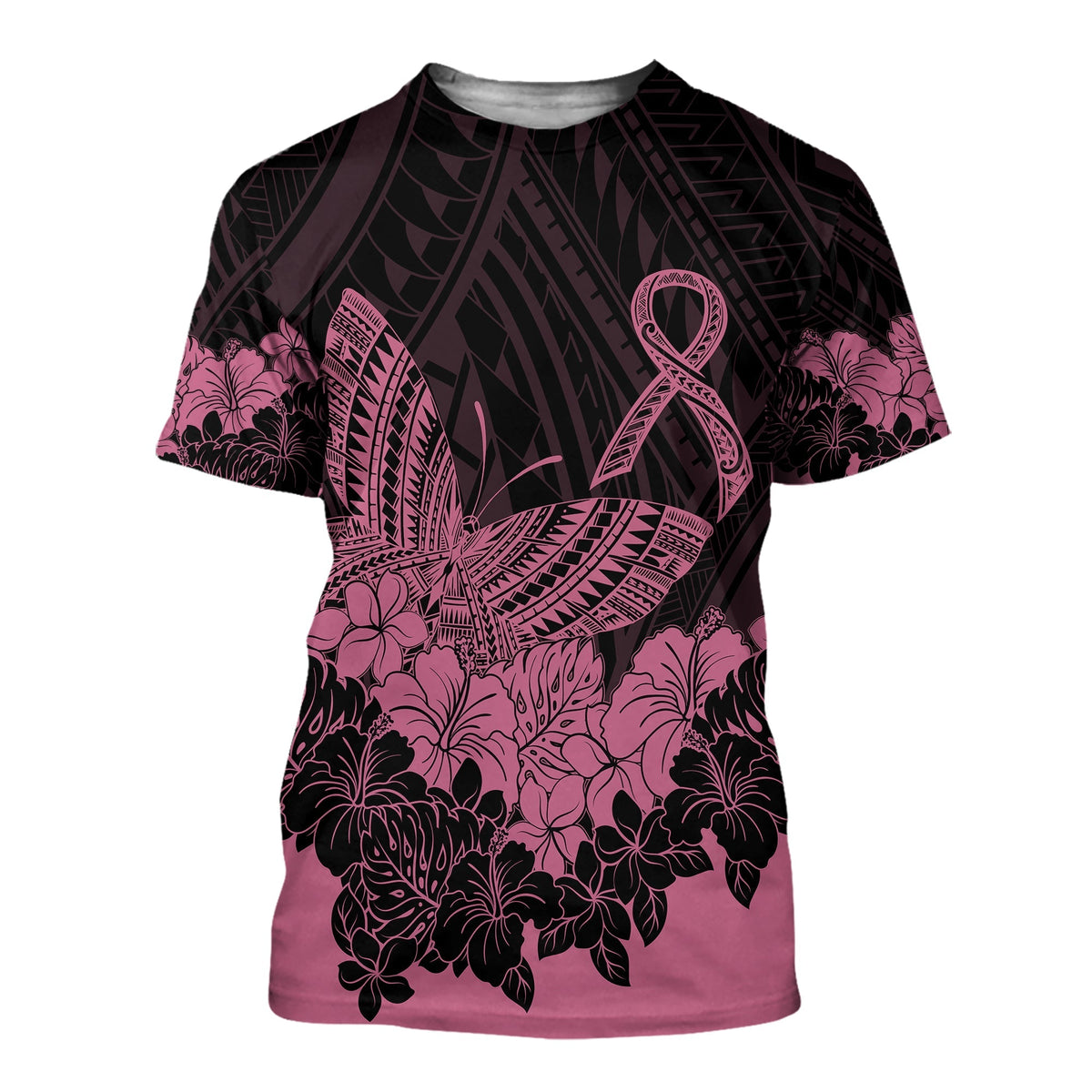 Polynesian Breast Cancer Awareness T Shirt Floral Butterfly - Wonder Print Shop