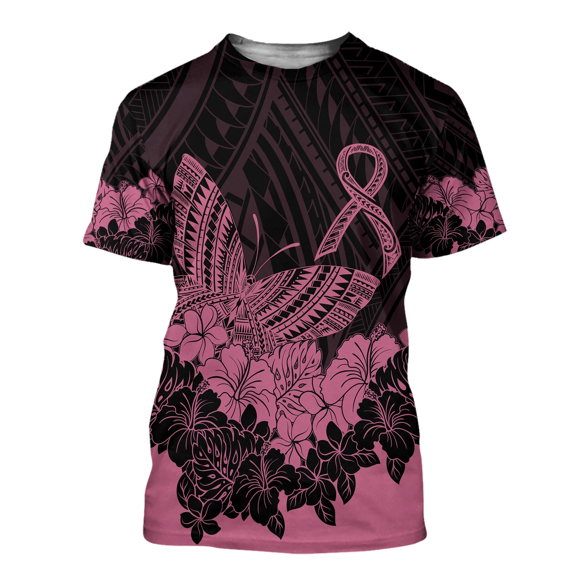 Polynesian Breast Cancer Awareness T Shirt Floral Butterfly - Wonder Print Shop