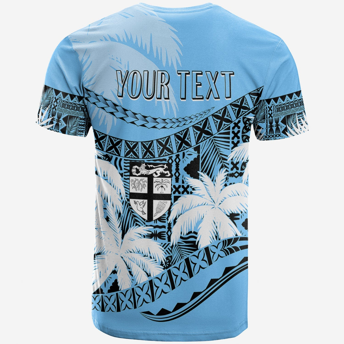 Turquoise back Fiji Day T-shirt with "YOUR TEXT" and crest graphic