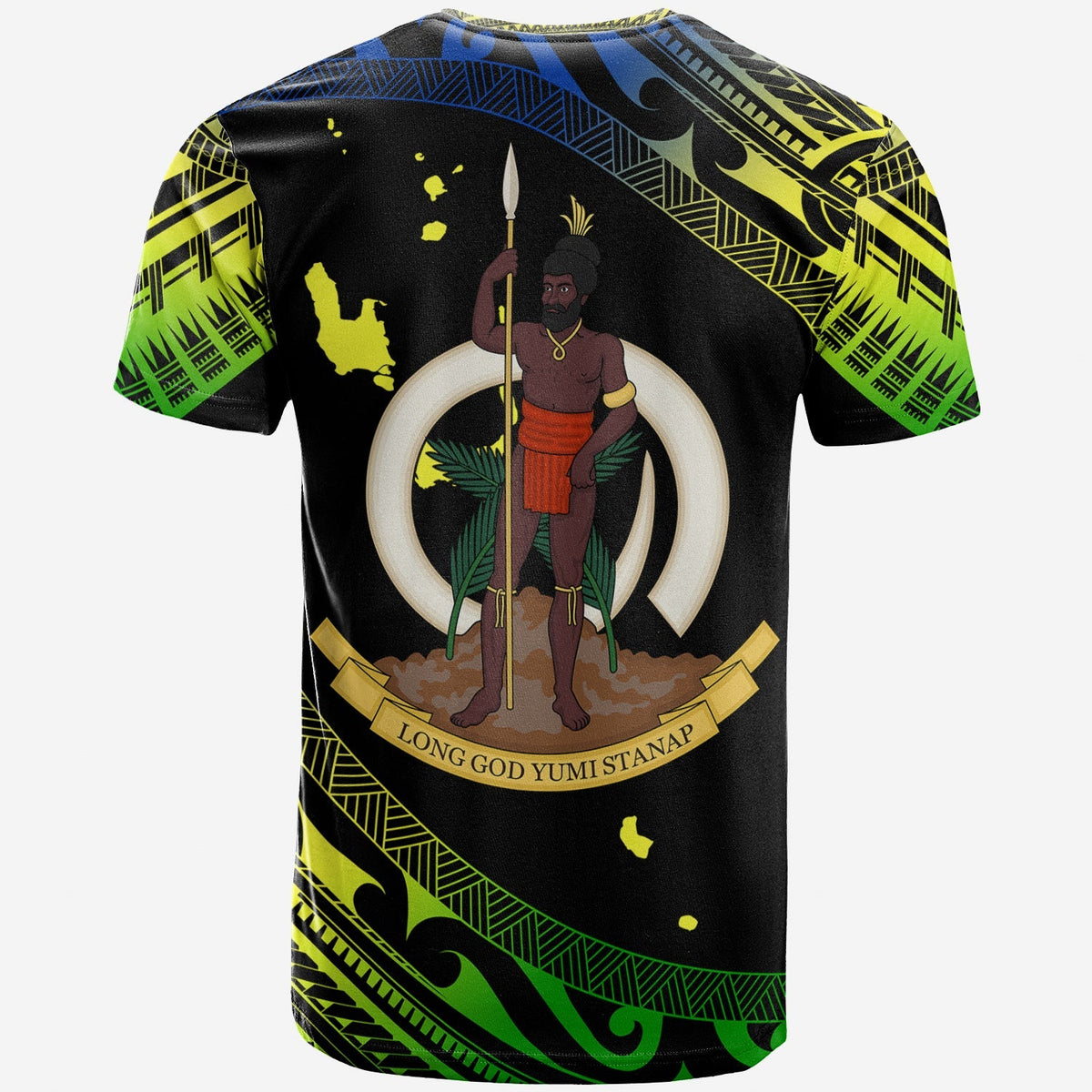 Black graphic T-shirt with green/yellow tribal back print and central emblem