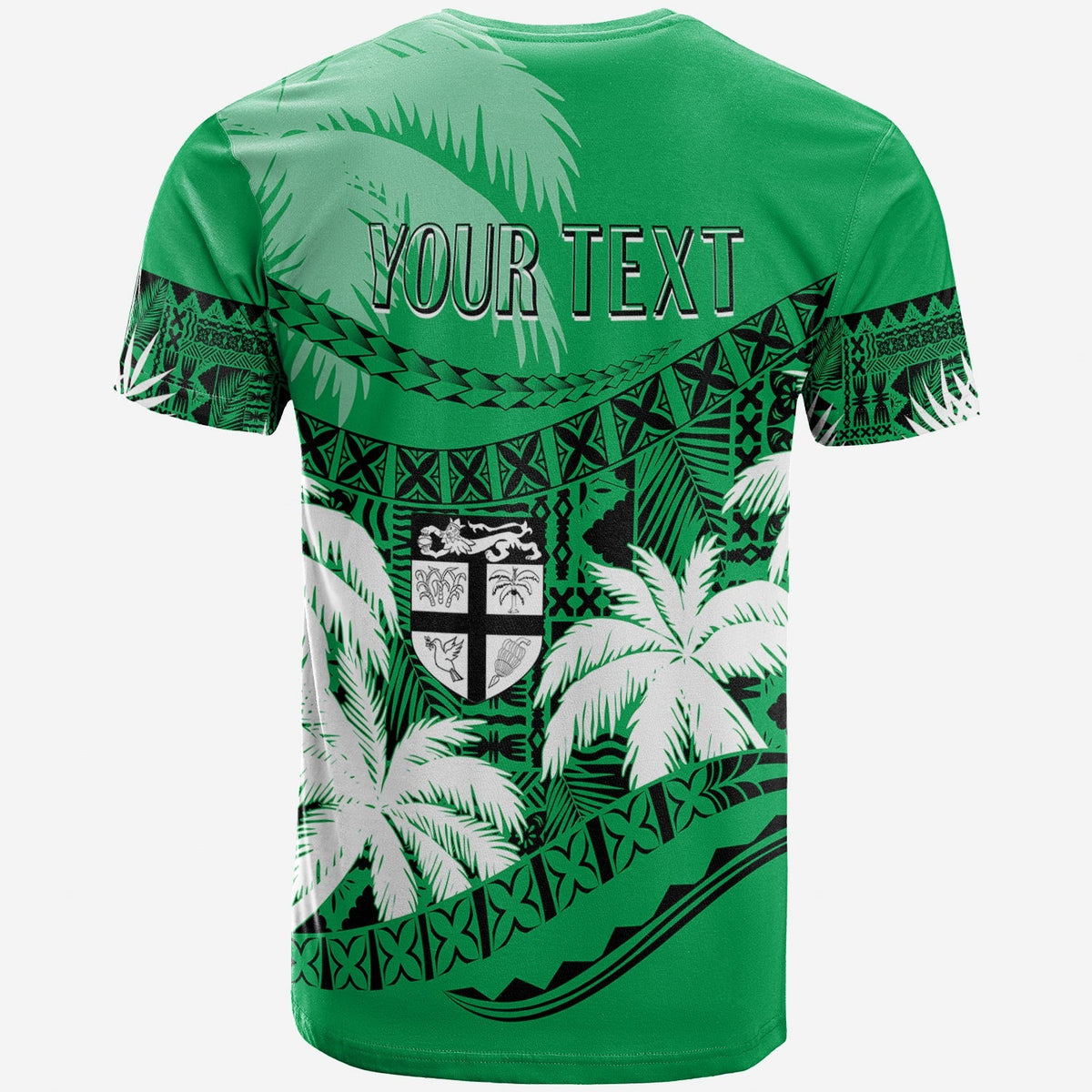 Personalised Fiji Day T-shirt, green back with 'YOUR TEXT' and shield graphic