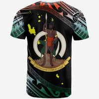 Black T-shirt back print of spear warrior, glowing ring, and gold banner text