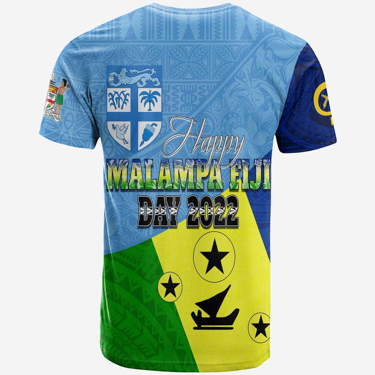 Multicolor Malampa Fiji Day T-shirt back with crest, “Happy” script, and geometric graphics