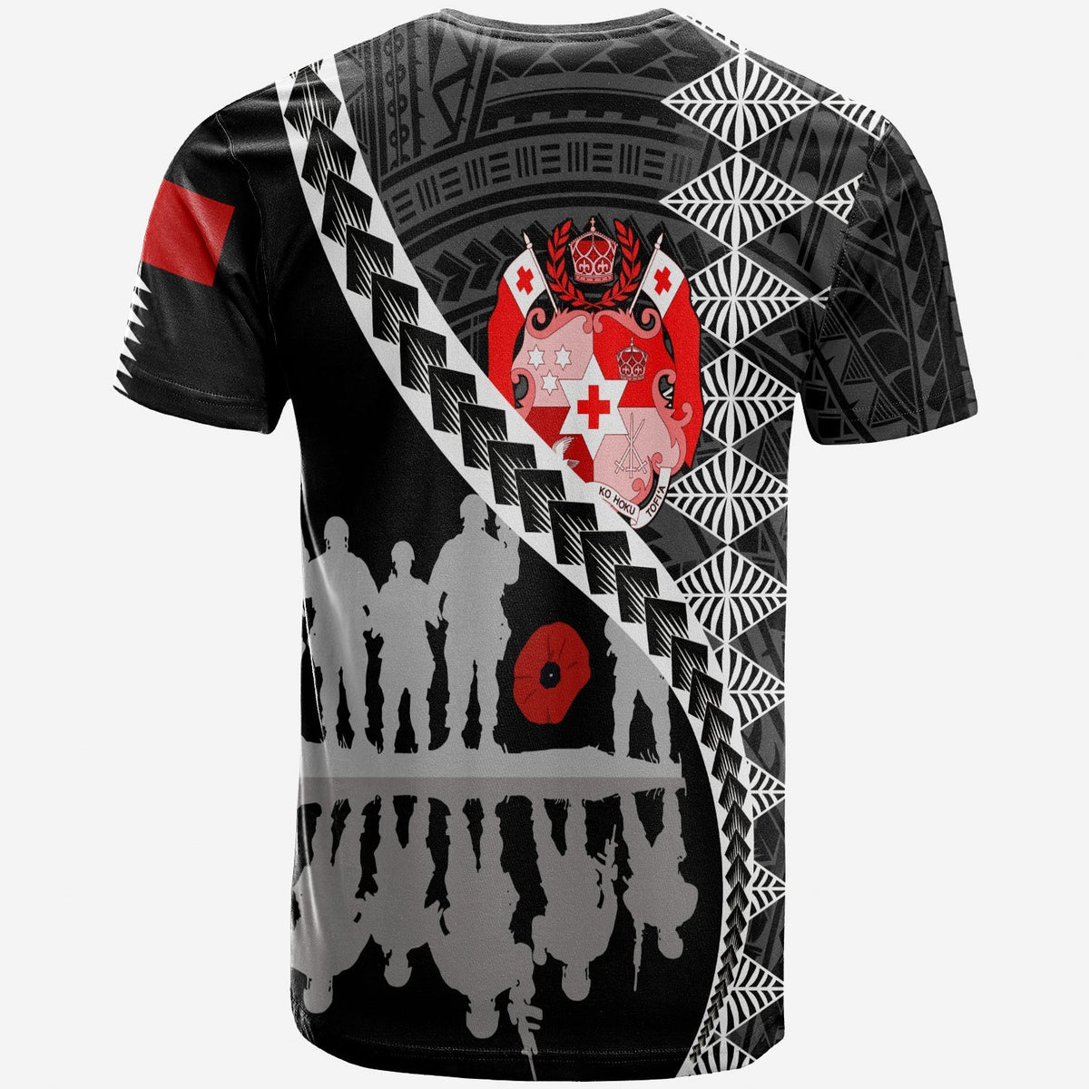 Black T-shirt with geometric pattern, red emblem, and soldier silhouettes print