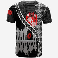 Black T-shirt with geometric pattern, red emblem, and soldier silhouettes print