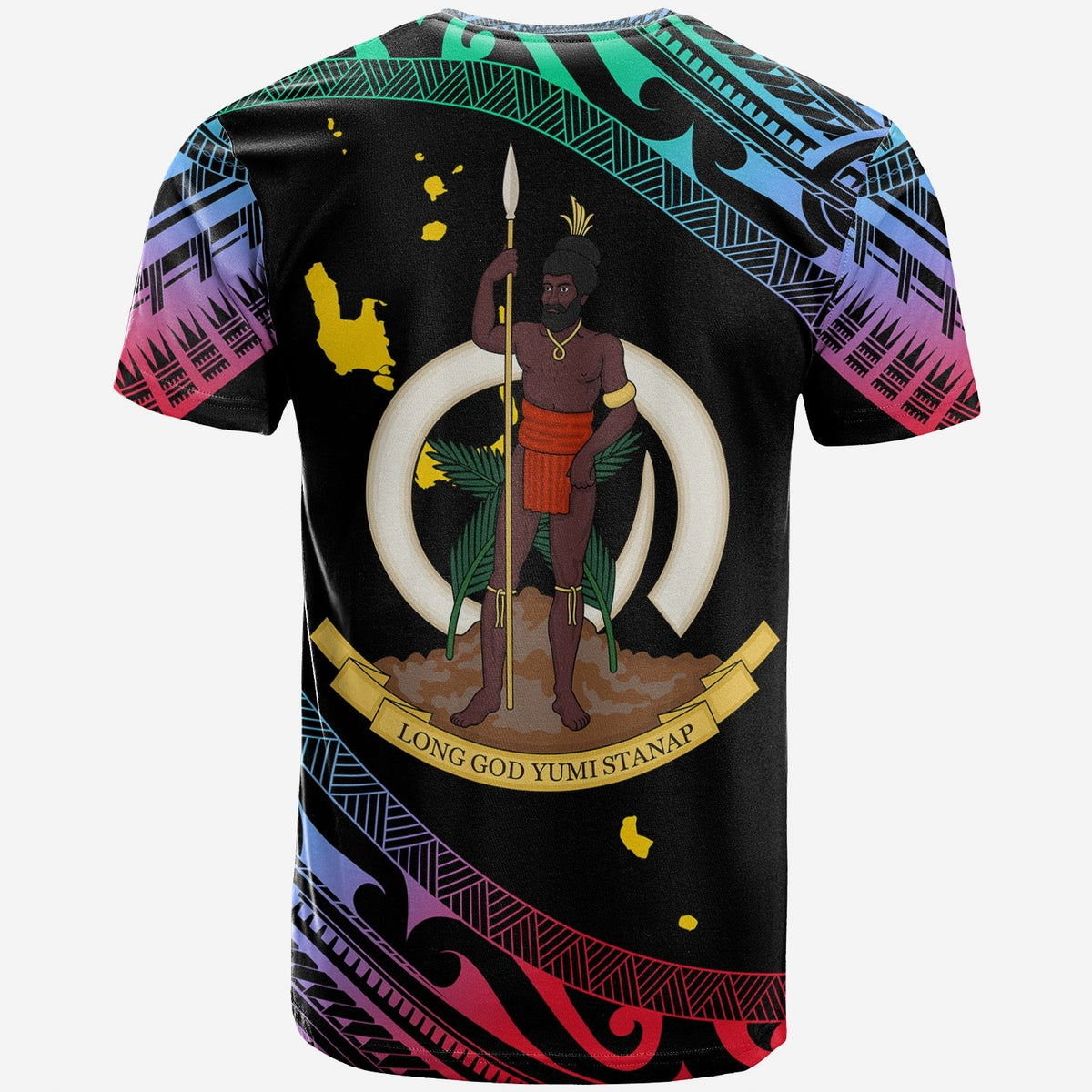 Black Vanuatu T-shirt with back warrior emblem, spear and curved gold text
