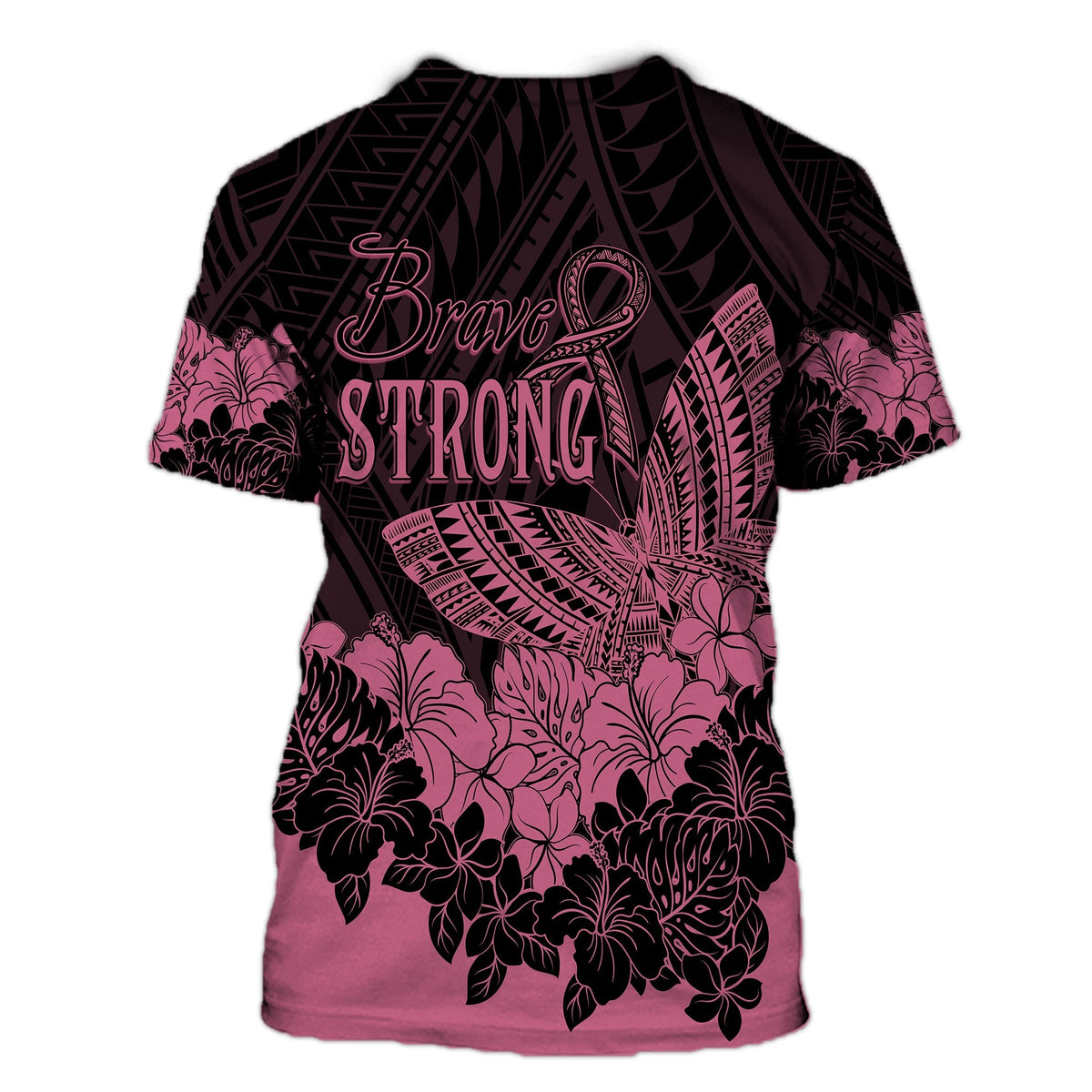 Polynesian Breast Cancer Awareness T Shirt Floral Butterfly - Wonder Print Shop