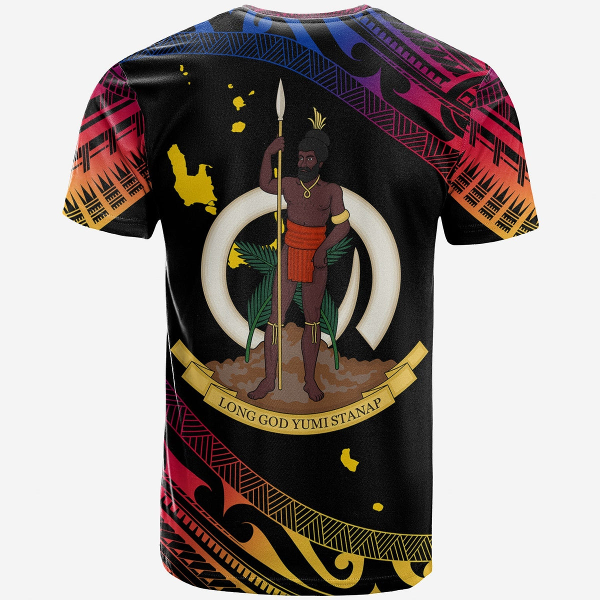 Black graphic T-shirt with central warrior emblem and 'Long God Yumi Stanap' text