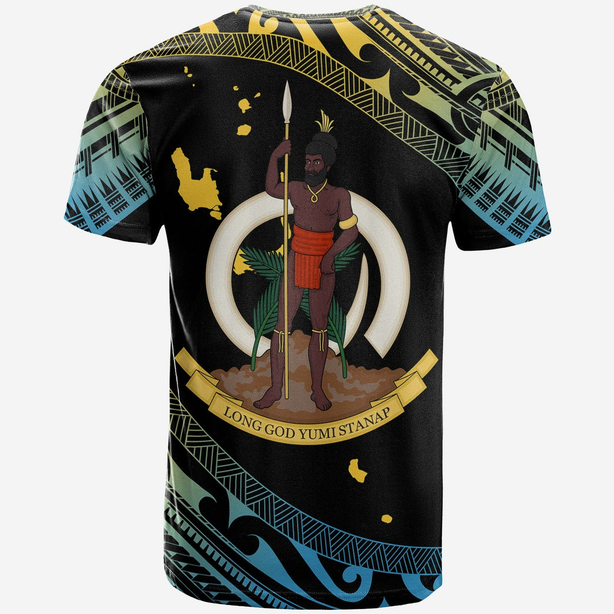 Black Vanuatu T-shirt with back crest, standing figure and spear, circular emblem, banner