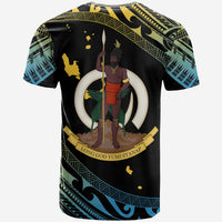 Black Vanuatu T-shirt with back crest, standing figure and spear, circular emblem, banner