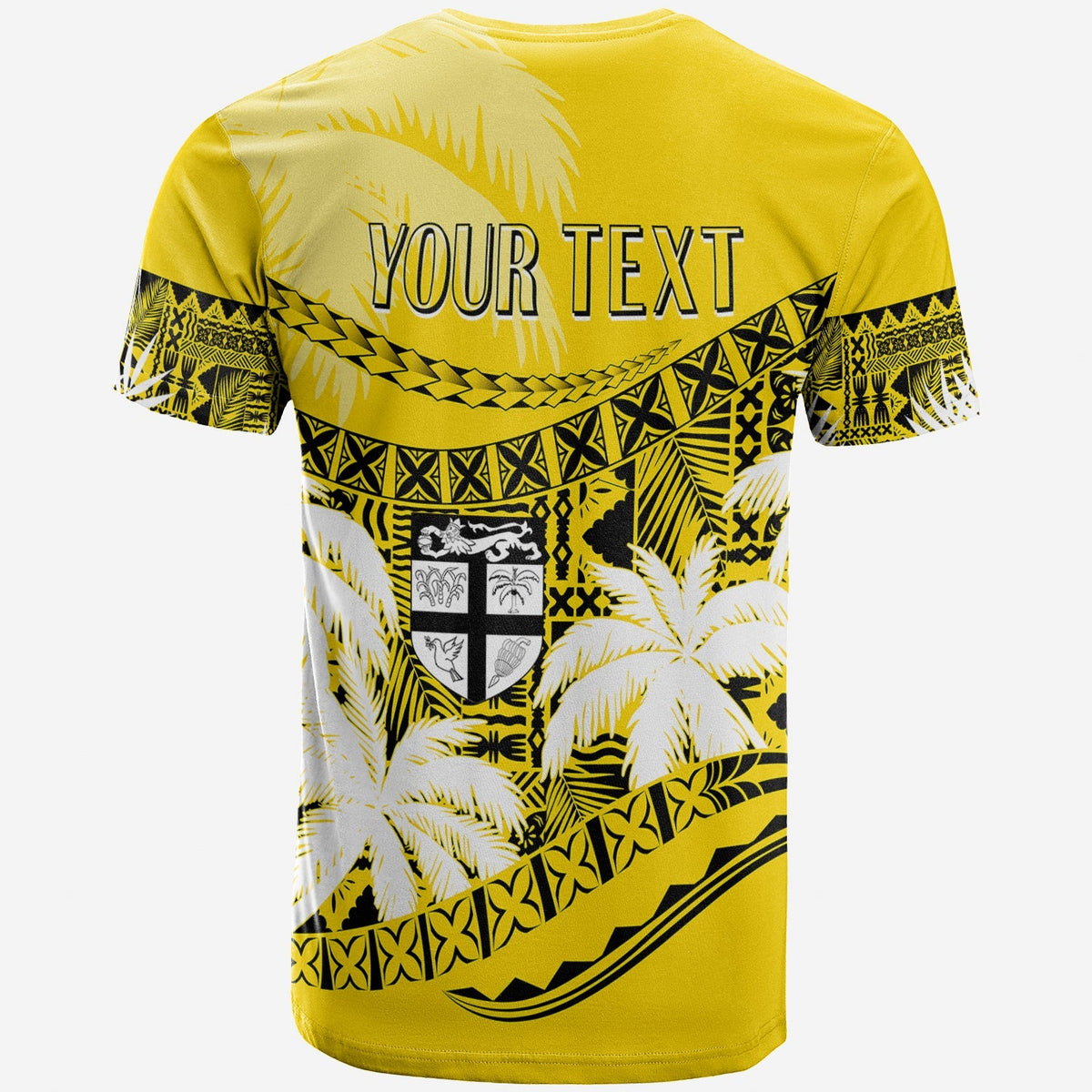 Gold T-shirt with YOUR TEXT banner, shield and palm tribal pattern in black