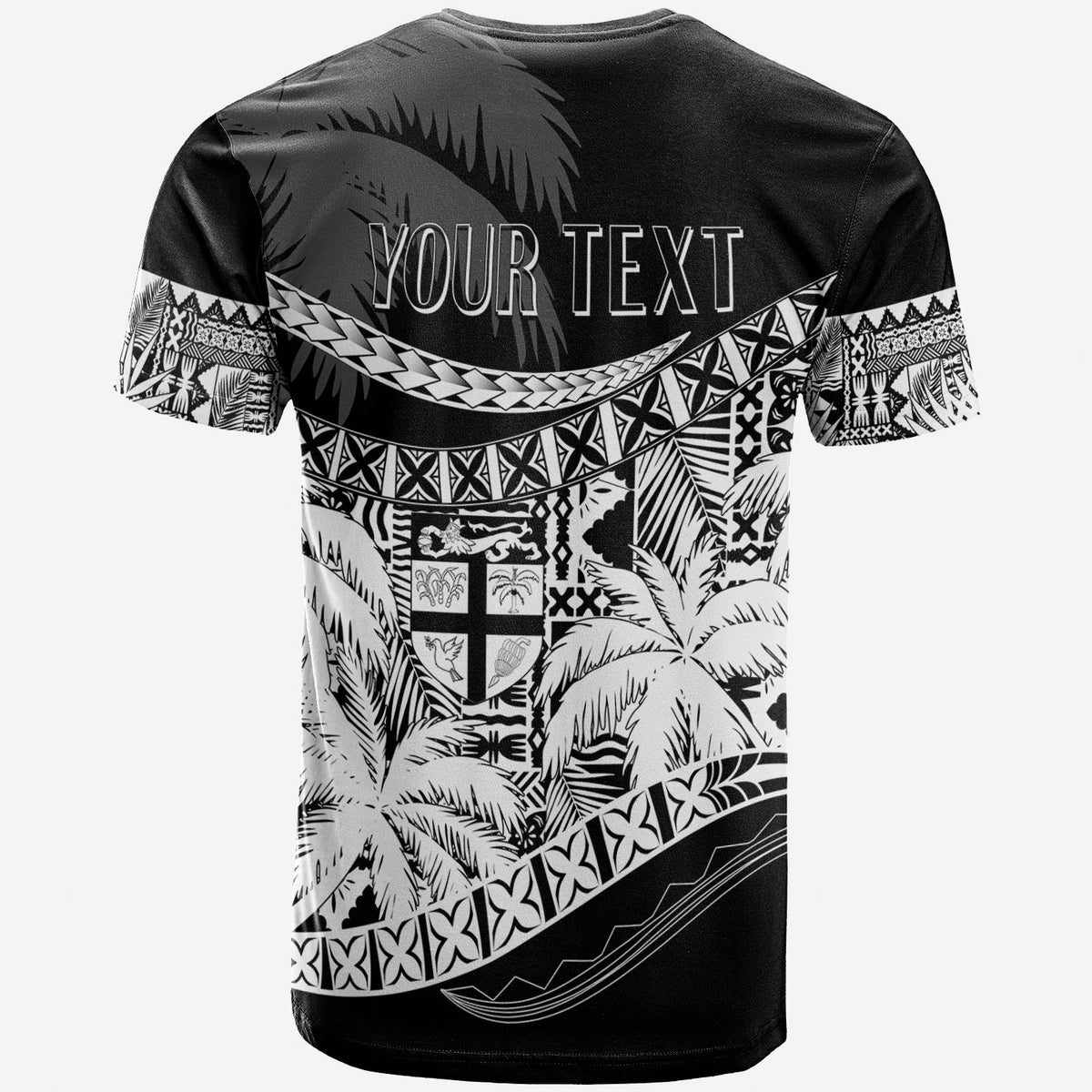 Black crew-neck T-shirt with back text 'YOUR TEXT' and tribal palm pattern