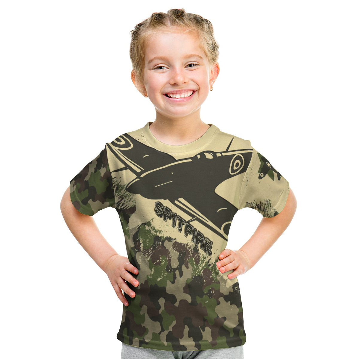 Kids camo T-shirt with Spitfire aircraft graphic, dark and olive green front print