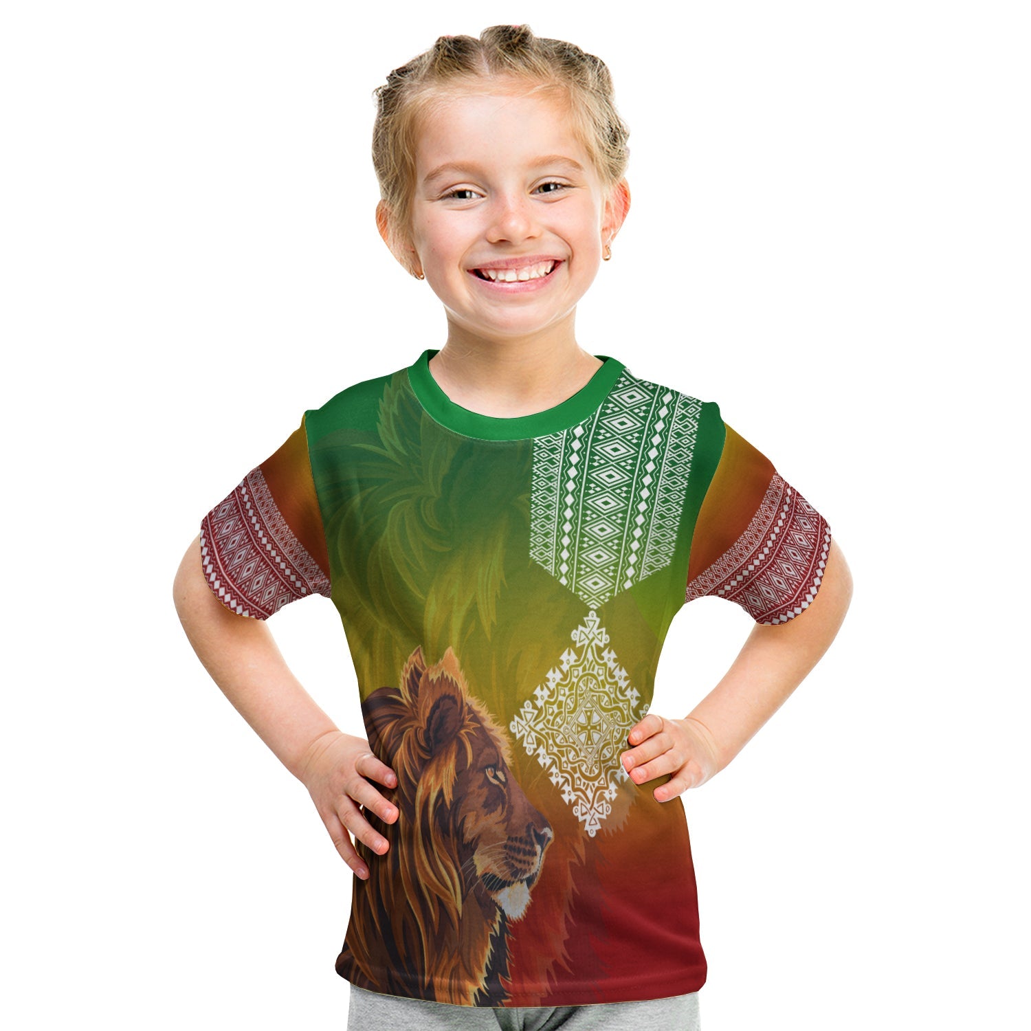 (Custom Personalised) Ethiopia Lion Of Judah KID T Shirt Ethiopia Flag Gradient - Wonder Print Shop