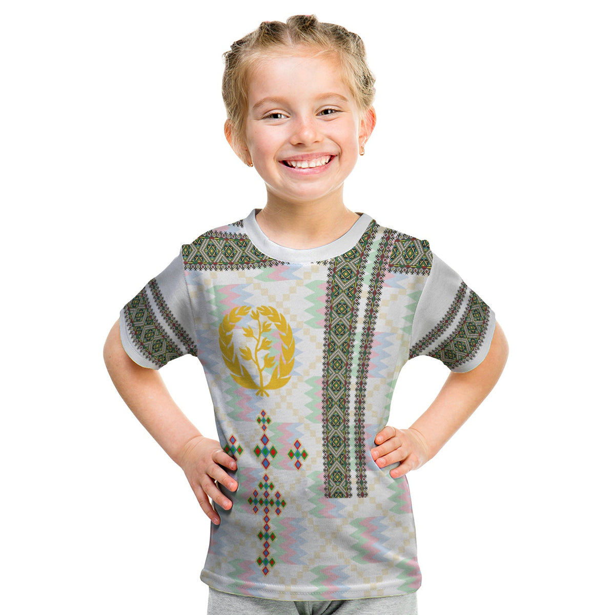 Eritrea Tilet Pattern KID T Shirt Eritrean Cross - White - Wonder Print Shop