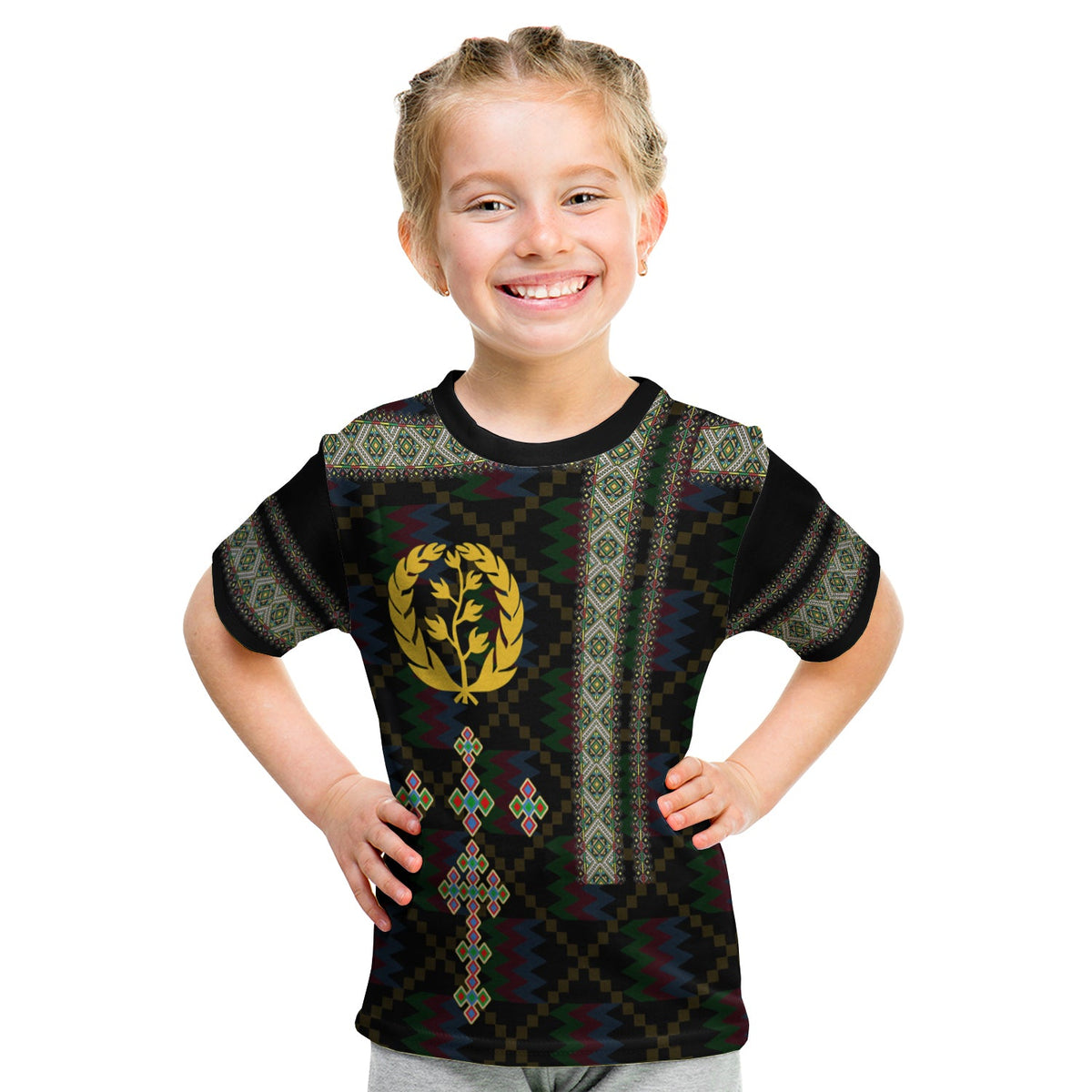 Eritrea Tilet Pattern KID T Shirt Eritrean Cross - Black - Wonder Print Shop
