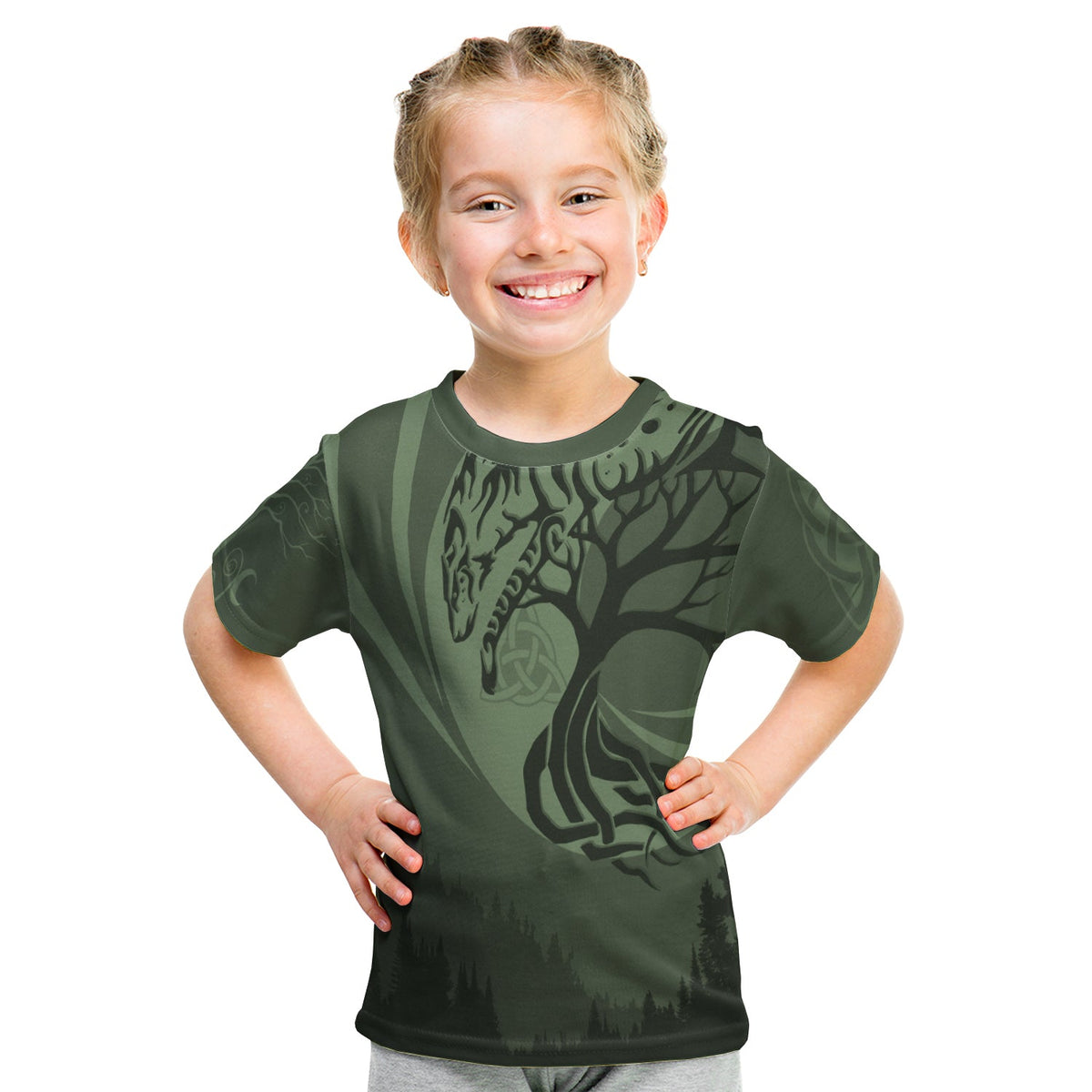 Celtic Tree of Life with Wolf Spirit KID T Shirt Crescent Crann Bethadh - Wonder Print Shop