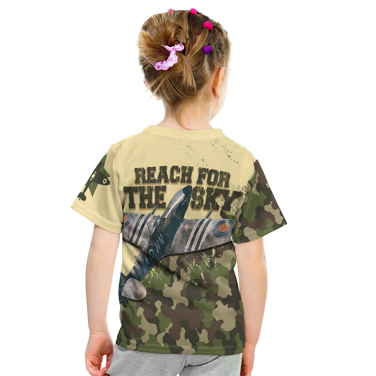 Kids camo T-shirt back print: 'Reach For The Sky' with aircraft graphic, olive and dark