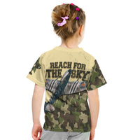 Kids camo T-shirt back print: 'Reach For The Sky' with aircraft graphic, olive and dark