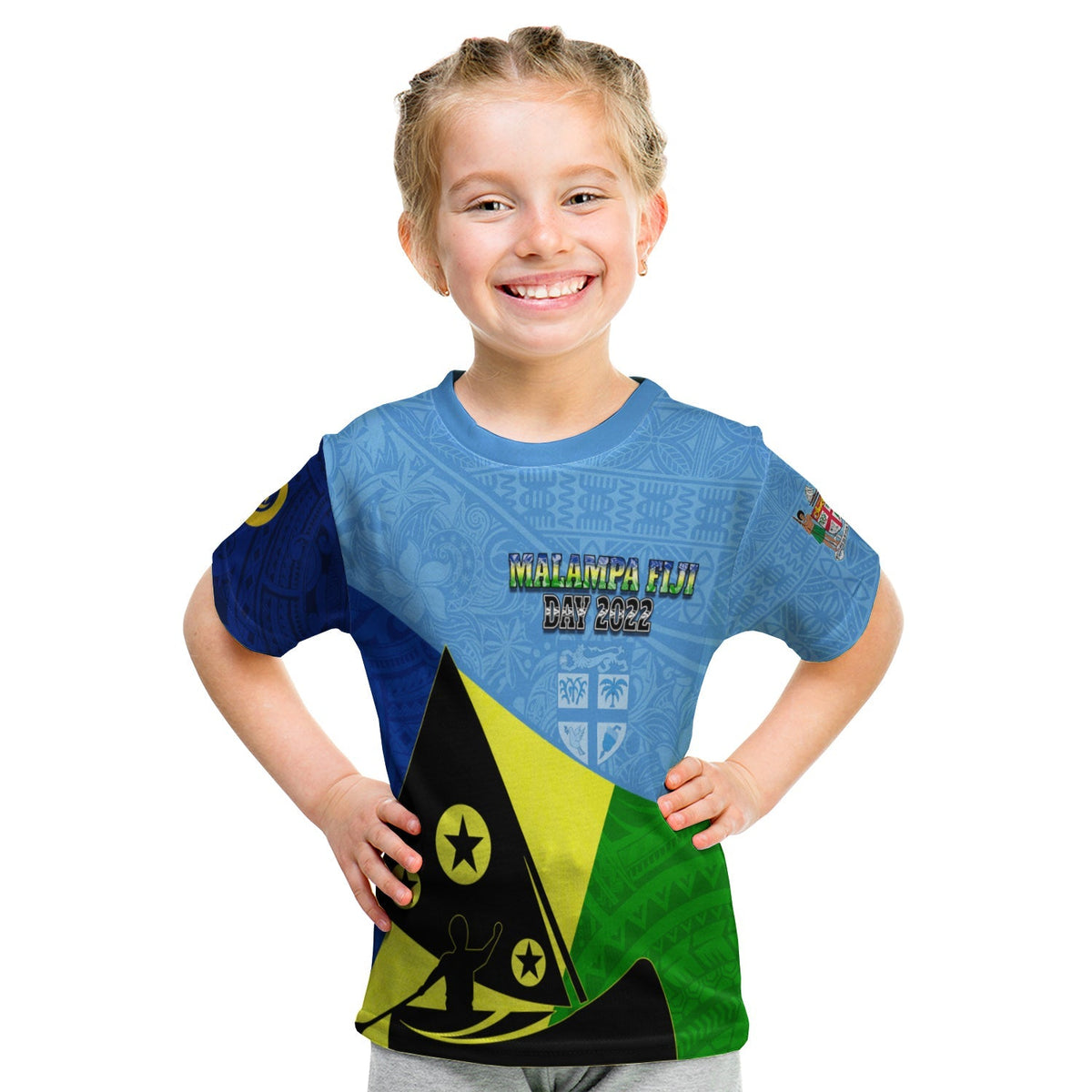 Kids multicolor T-shirt with blue patterned body and black-yellow-green triangle graphic