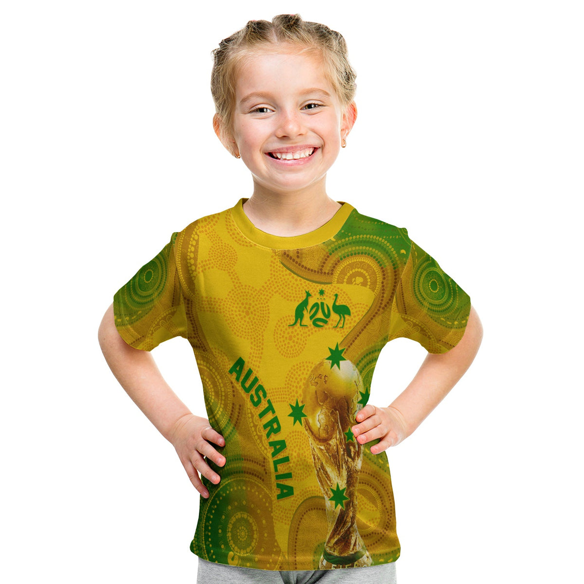 Personalised Australia Soccer WC 2022 T Shirt KID Aboriginal Socceroos - Wonder Print Shop