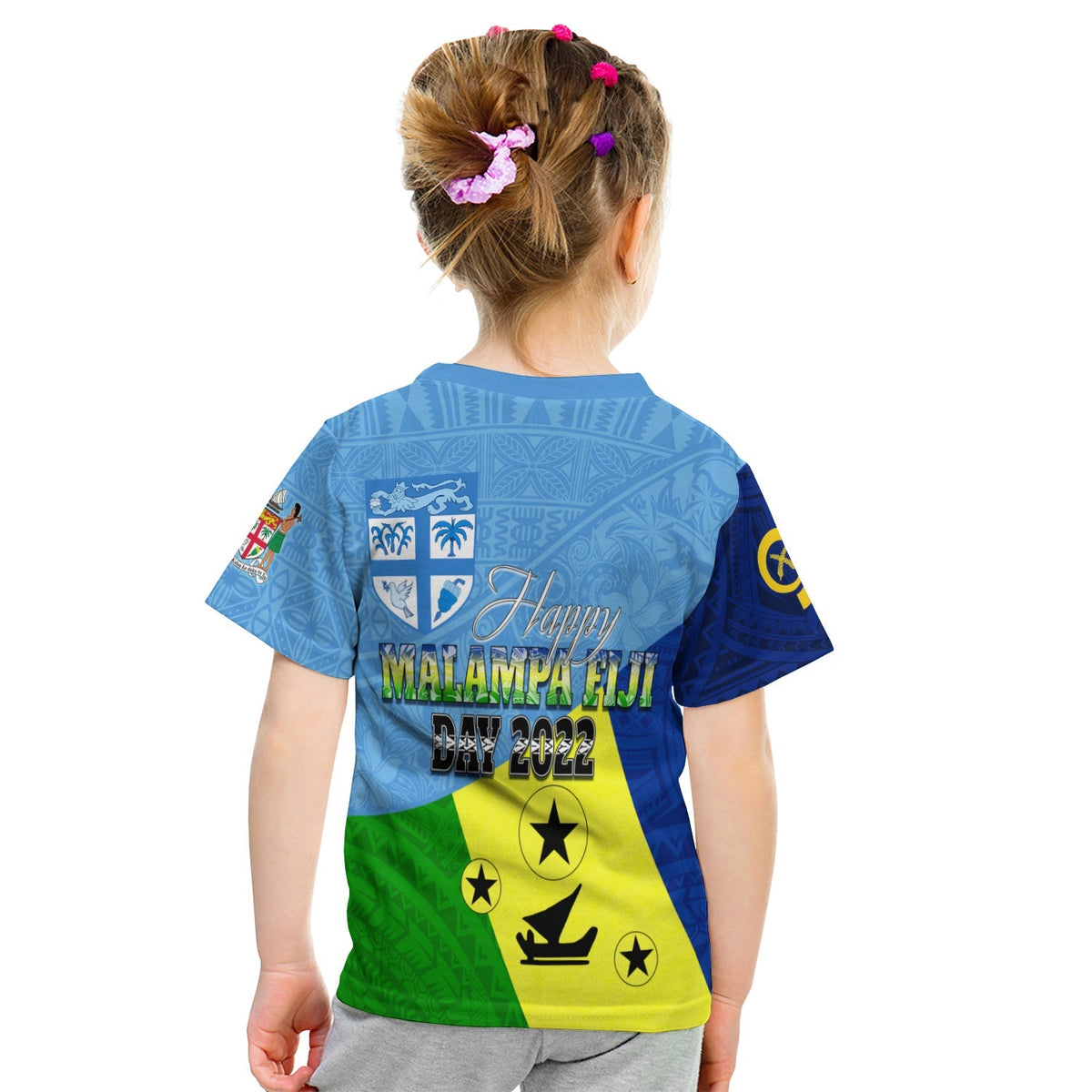 Kids multicolor T-shirt back with blue crest, “Happy,” and black-yellow-green triangle graphic