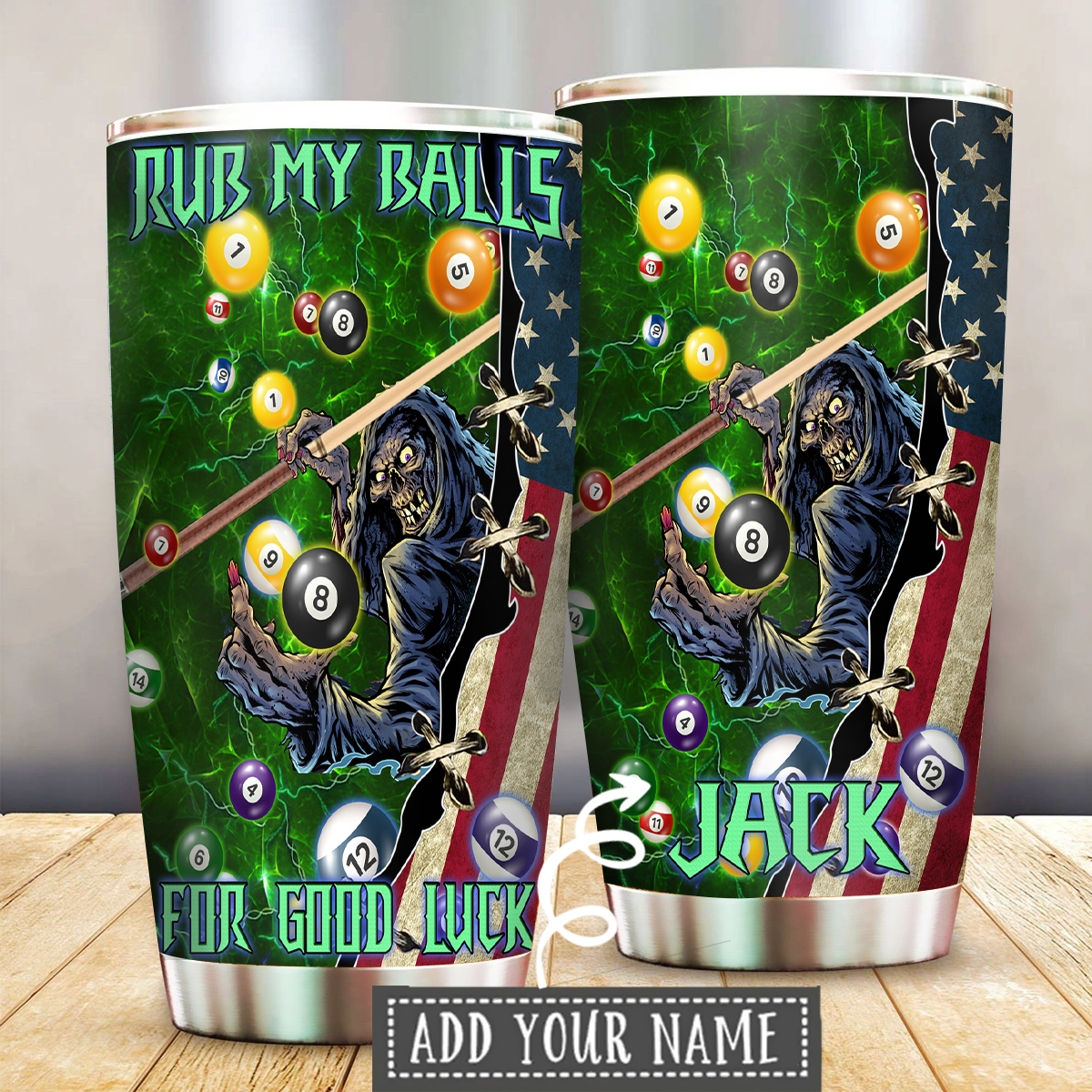 Stainless steel personalized tumbler with green billiard wrap and add-your-name label
