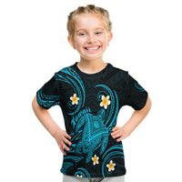 Kids turquoise-and-black tropical turtle T-shirt with plumeria flowers and tribal patterns