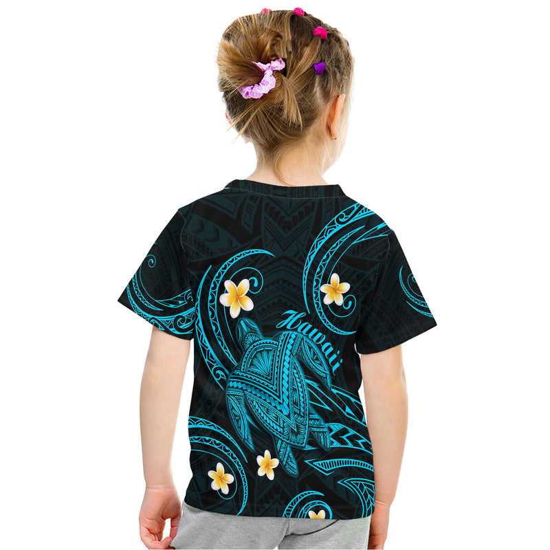 Dark T-shirt back with turquoise turtle and plumeria flowers framed by patterns