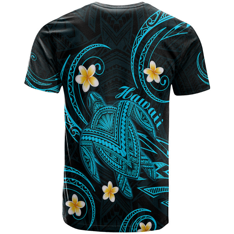 Dark T-shirt back with turquoise tribal turtle, plumeria flowers, and Hawaii script