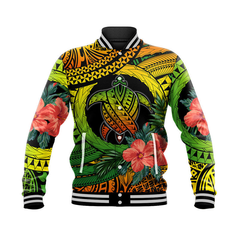 Polynesian Turtle Baseball Jacket Circle Turtle Hibiscus Reggae LT9 - Wonder Print Shop