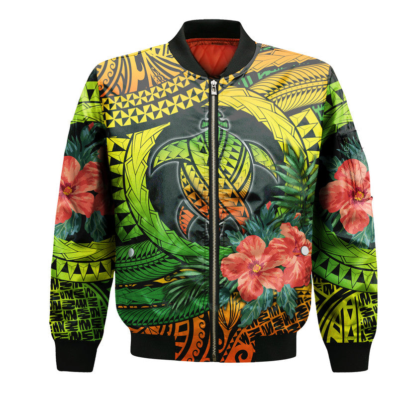 Polynesian Turtle Bomber Jacket Circle Turtle Hibiscus Reggae LT9 - Wonder Print Shop