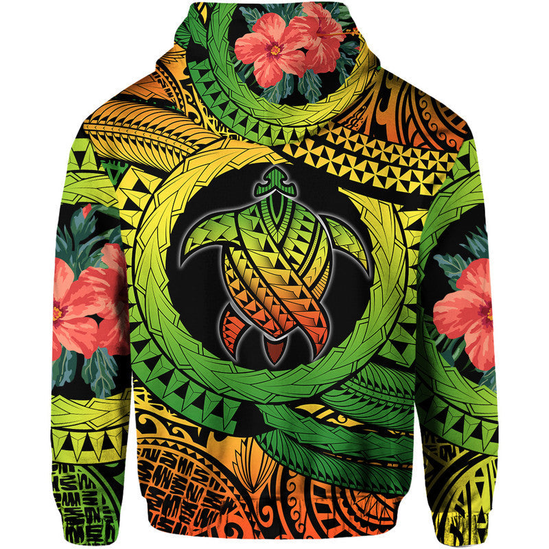 Polynesian Turtle Hoodie Circle Turtle Hibiscus Reggae - Wonder Print Shop