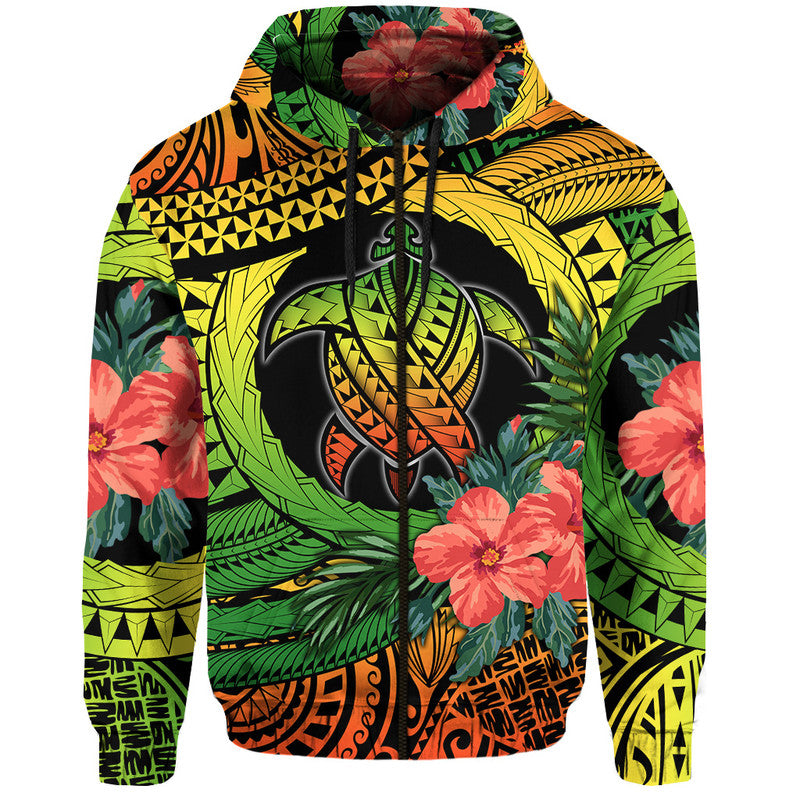 Polynesian Turtle Hoodie Circle Turtle Hibiscus Reggae - Wonder Print Shop