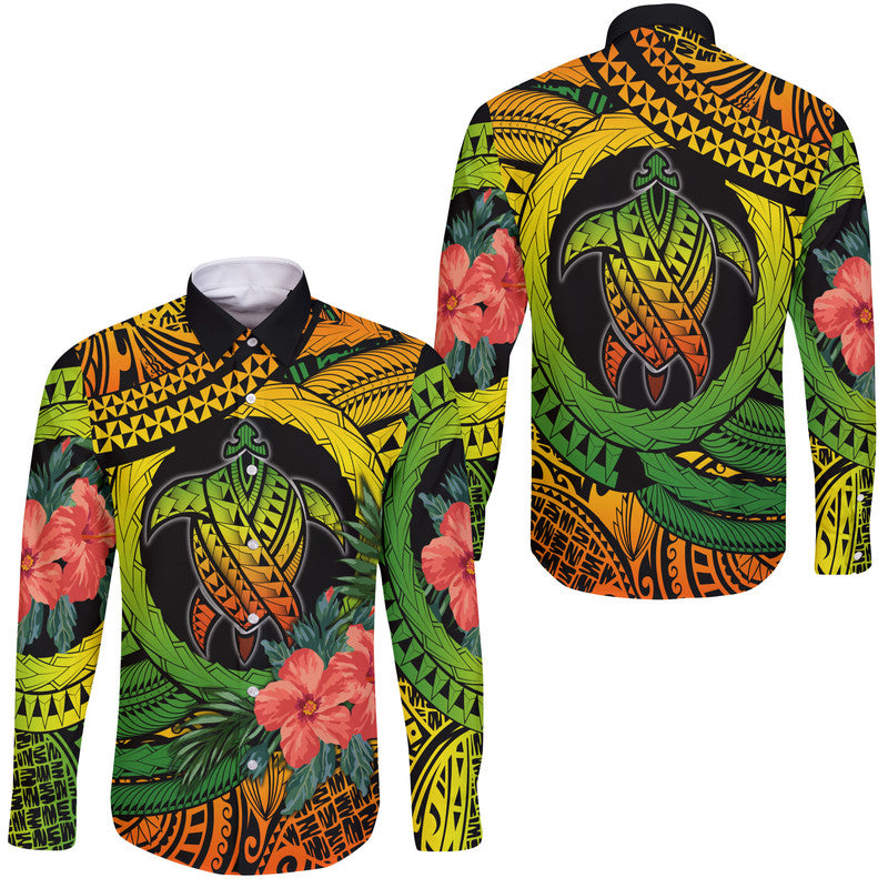 Polynesian Turtle Hawaii Long Sleeve Button Shirt Circle Turtle Hibiscus Reggae - Wonder Print Shop