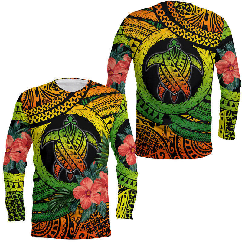 Polynesian Turtle Long Sleeve Shirt Circle Turtle Hibiscus Reggae - Wonder Print Shop