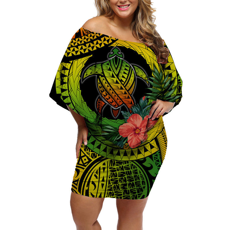 Polynesian Turtle Women Off Shoulder Short Dress Circle Turtle Hibiscus Reggae - Wonder Print Shop