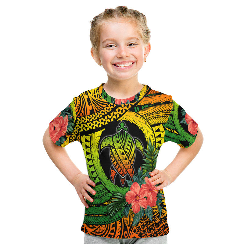 Kids turtle graphic T-shirt with hibiscus flowers, green yellow black and orange