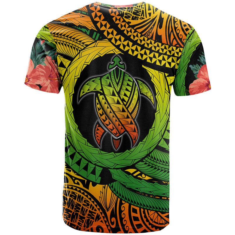 Kids turtle graphic T-shirt, black center turtle with green, yellow, orange tribal pattern