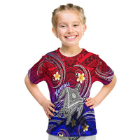 Kids Hawaiian turtle graphic T-shirt with plumeria flowers, blue and purple gradient
