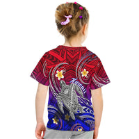 Kids Hawaiian turtle graphic T-shirt, back view with plumeria and tribal gradient print