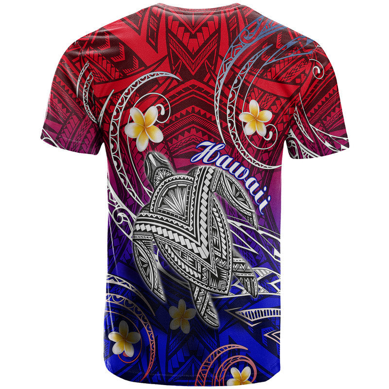 Hawaiian turtle graphic T-shirt with plumeria flowers and ornate tribal print, gradient
