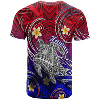 Hawaiian turtle graphic T-shirt with plumeria flowers and ornate tribal print, gradient