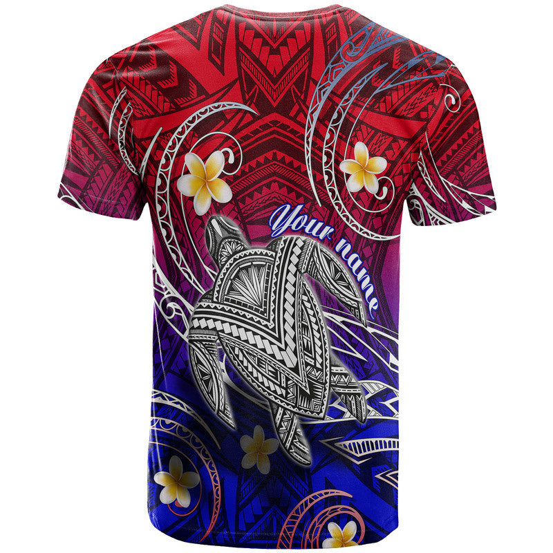 Gradient tropical T-shirt: ornate turtle and plumeria flowers, Hawaii script back