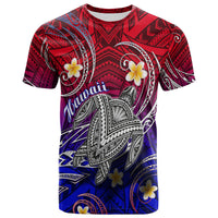 Gradient tropical T-shirt: ornate turtle and plumeria flowers, Hawaii script front
