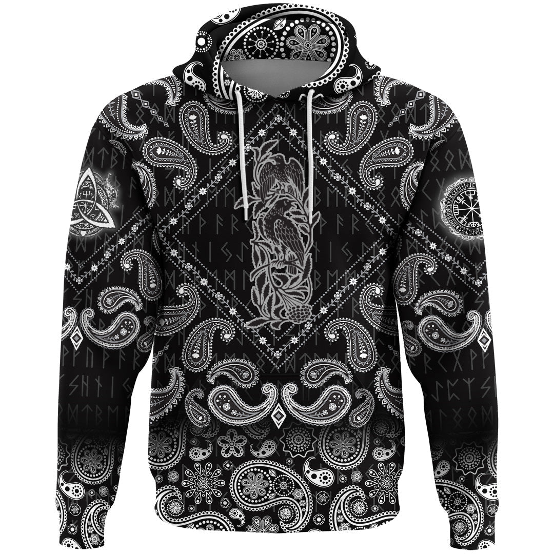 Viking Hoodie Two Black Crows and Branches Of Mountain Ash with Bandana Paisley Style RLT12 - Wonder Print Shop